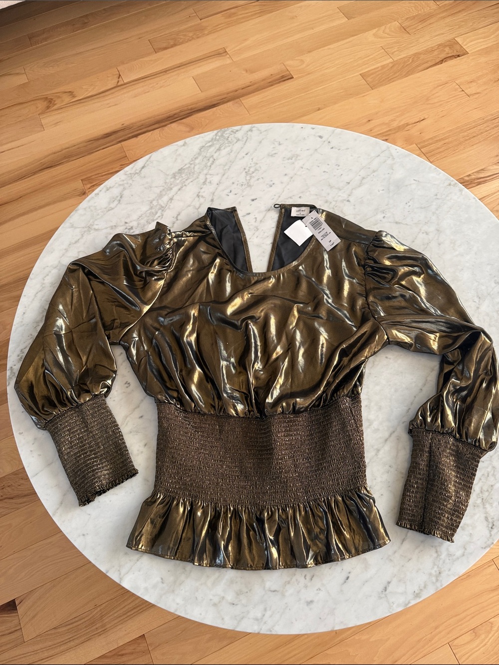 Metallic Gold Puff-Sleeve Smocked Waist Top